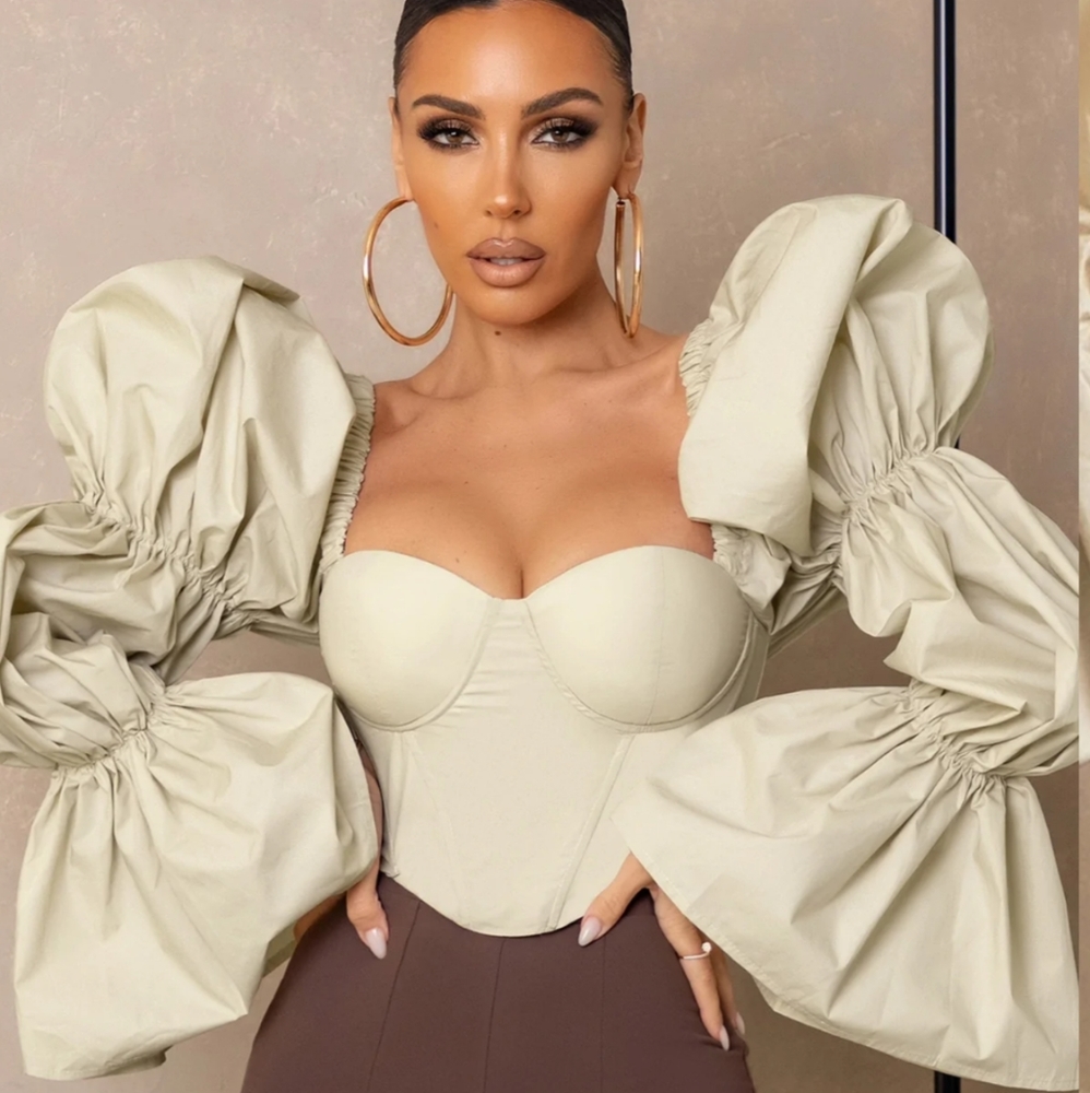 Cream tiered puff sleeve corset blouse top